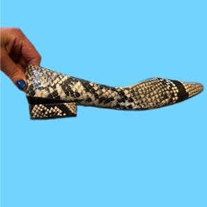Katherine Kelly snake-skin print shoes. block heel
Almond toe
Slip-on style